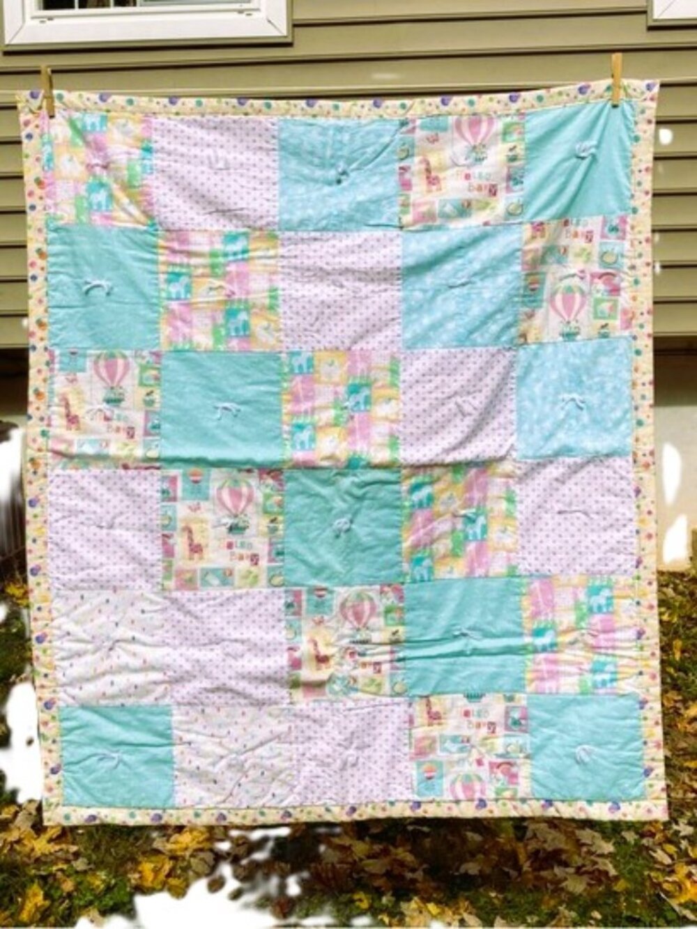 Pastel Quilt Baby Nursery Blanket Throw Quilted Squares Handmade 44 x 38 inches